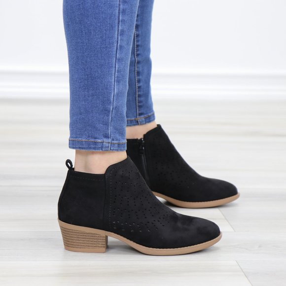 Black Suede Ankle Boots Laser Cut Design - Picture 6 of 12